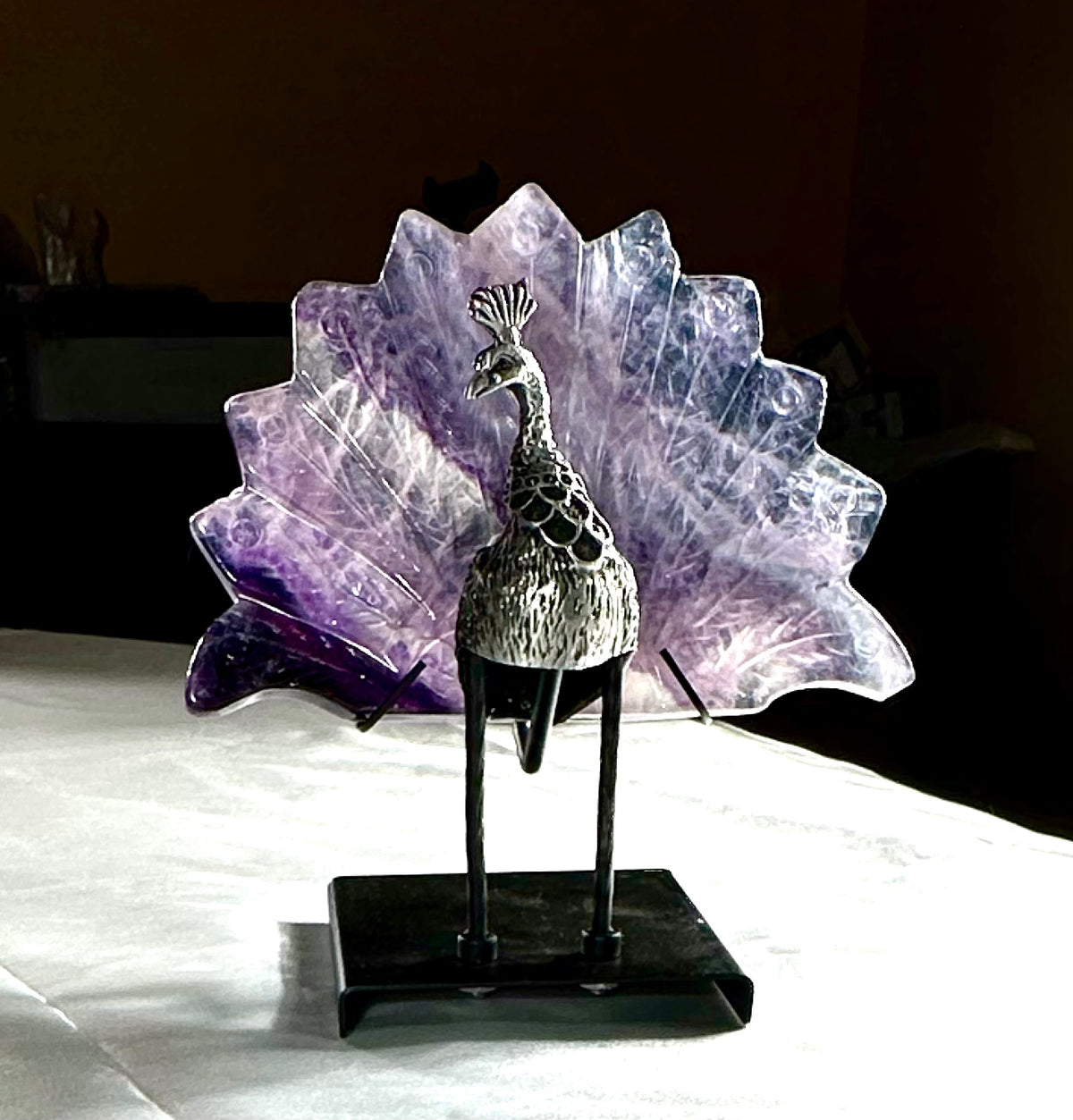 Peacock in fluorite on stand