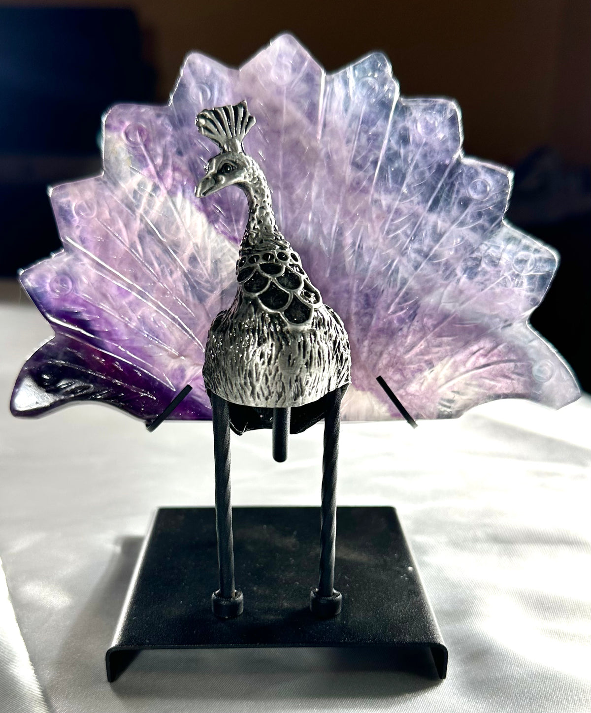 Peacock in fluorite on stand